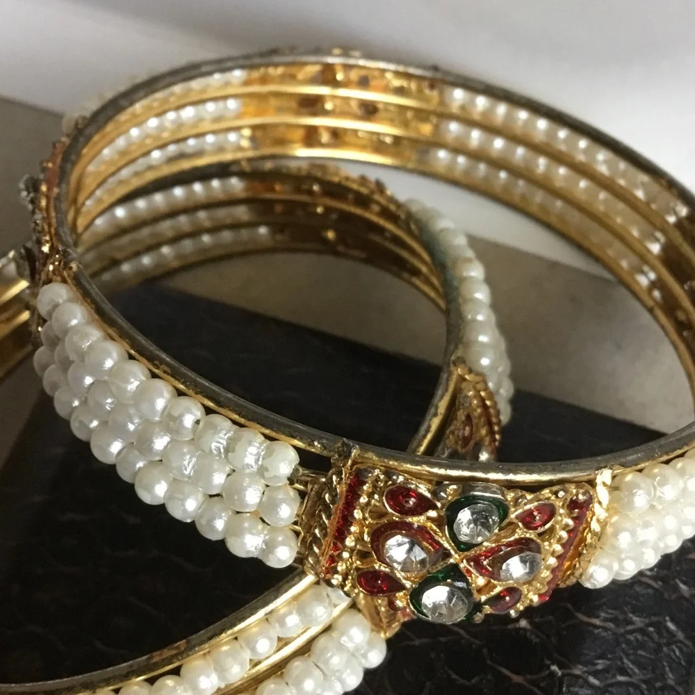 Gold Pearl and Crystal Women's Bangle Set